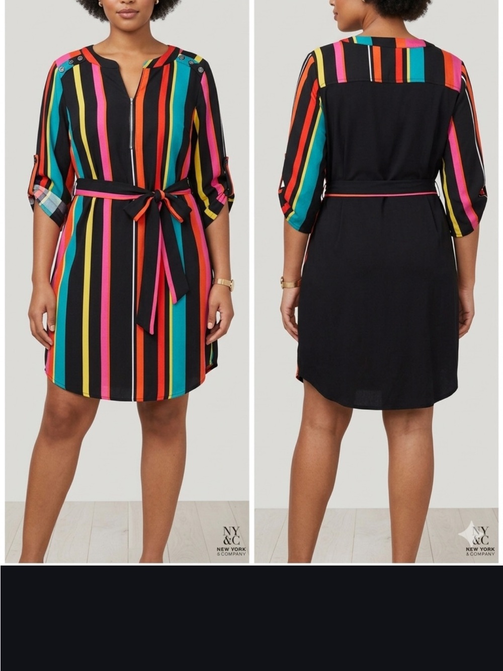 New York & Company Black Mini Dress with Neon Stripe Belt please see pic3